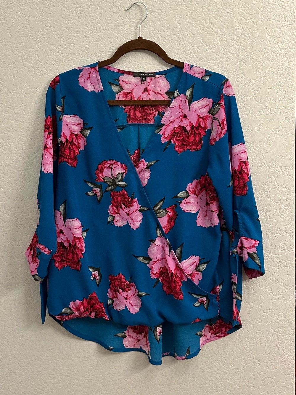 West Kei Teal Pink Floral Draped Crossover Blouse Size M